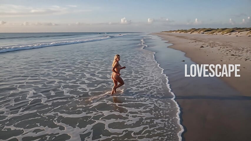 Blonde runs completely naked along the shoreline at golden hour