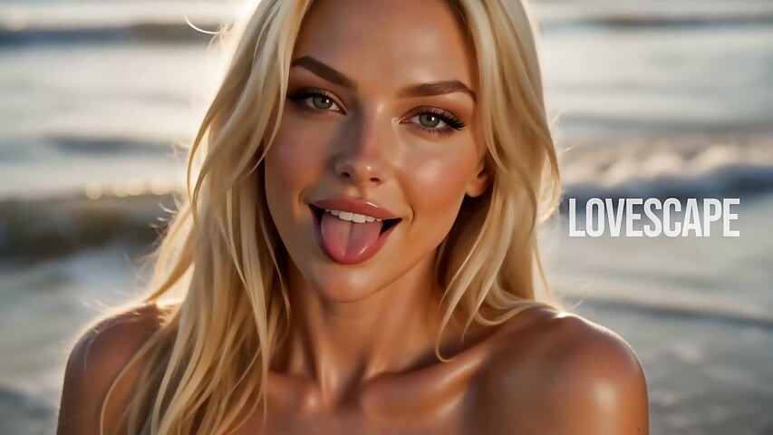 Playful blonde sticks her tongue out with intense eye contact on sunny